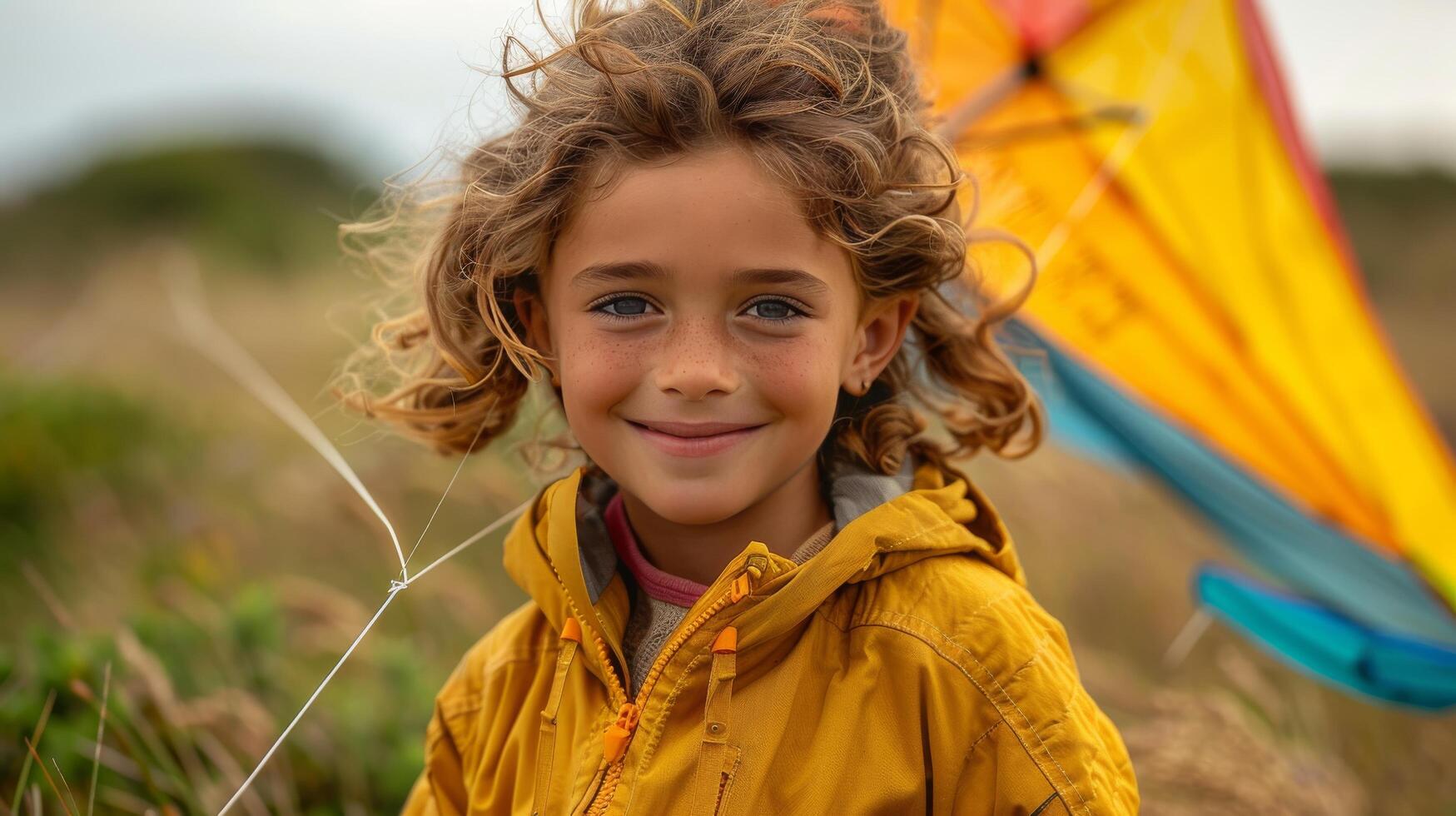 AI generated Little Girl Holding Colorful Kite in Field photo