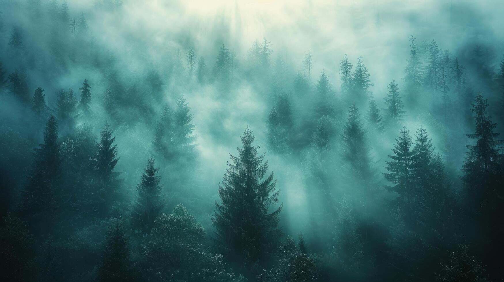 AI generated A minimalist photograph capturing a misty forest, where tall trees fade into the fog photo