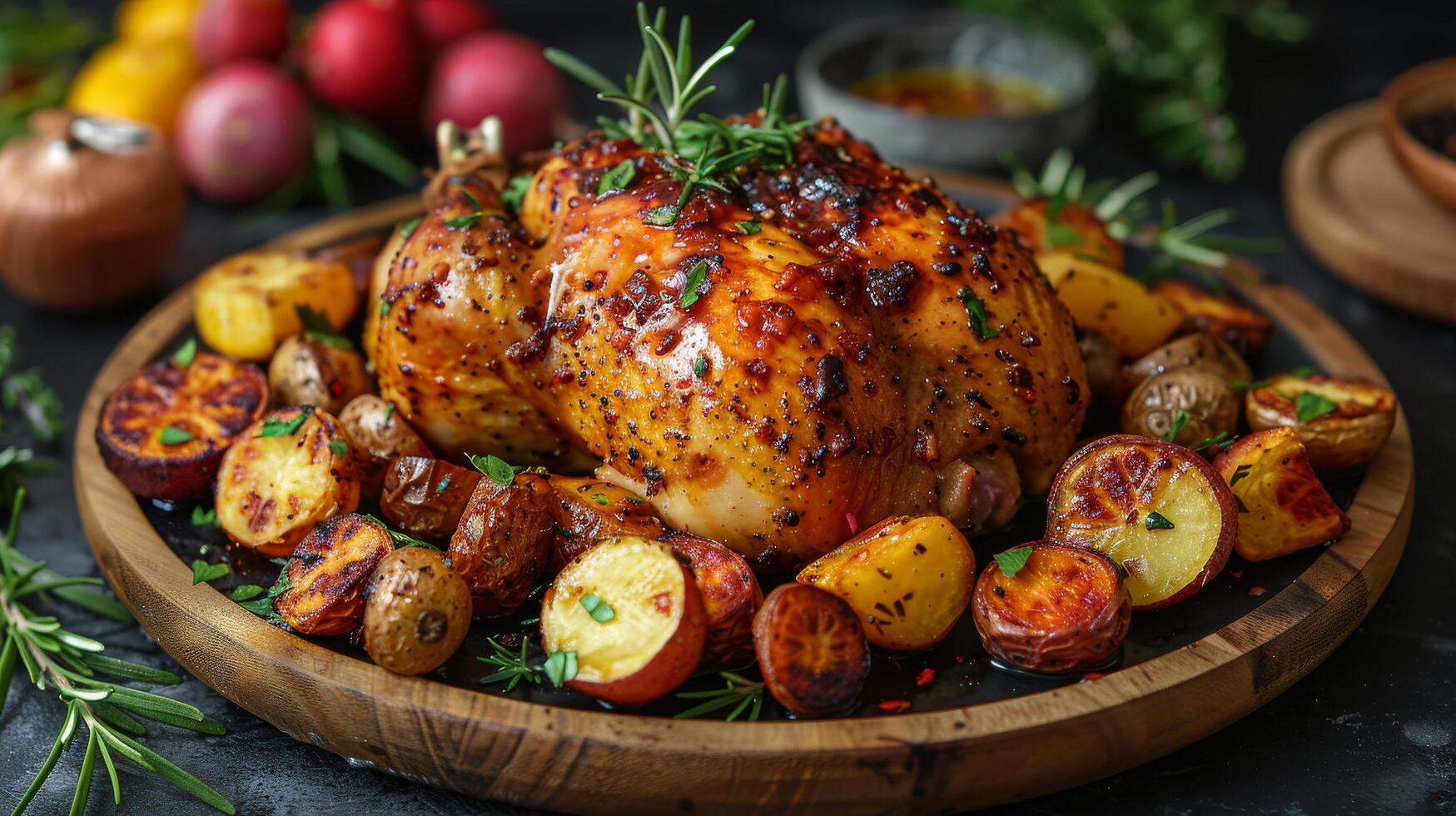 AI generated Roasted Chicken With Potatoes and Herbs on Wooden Platter photo
