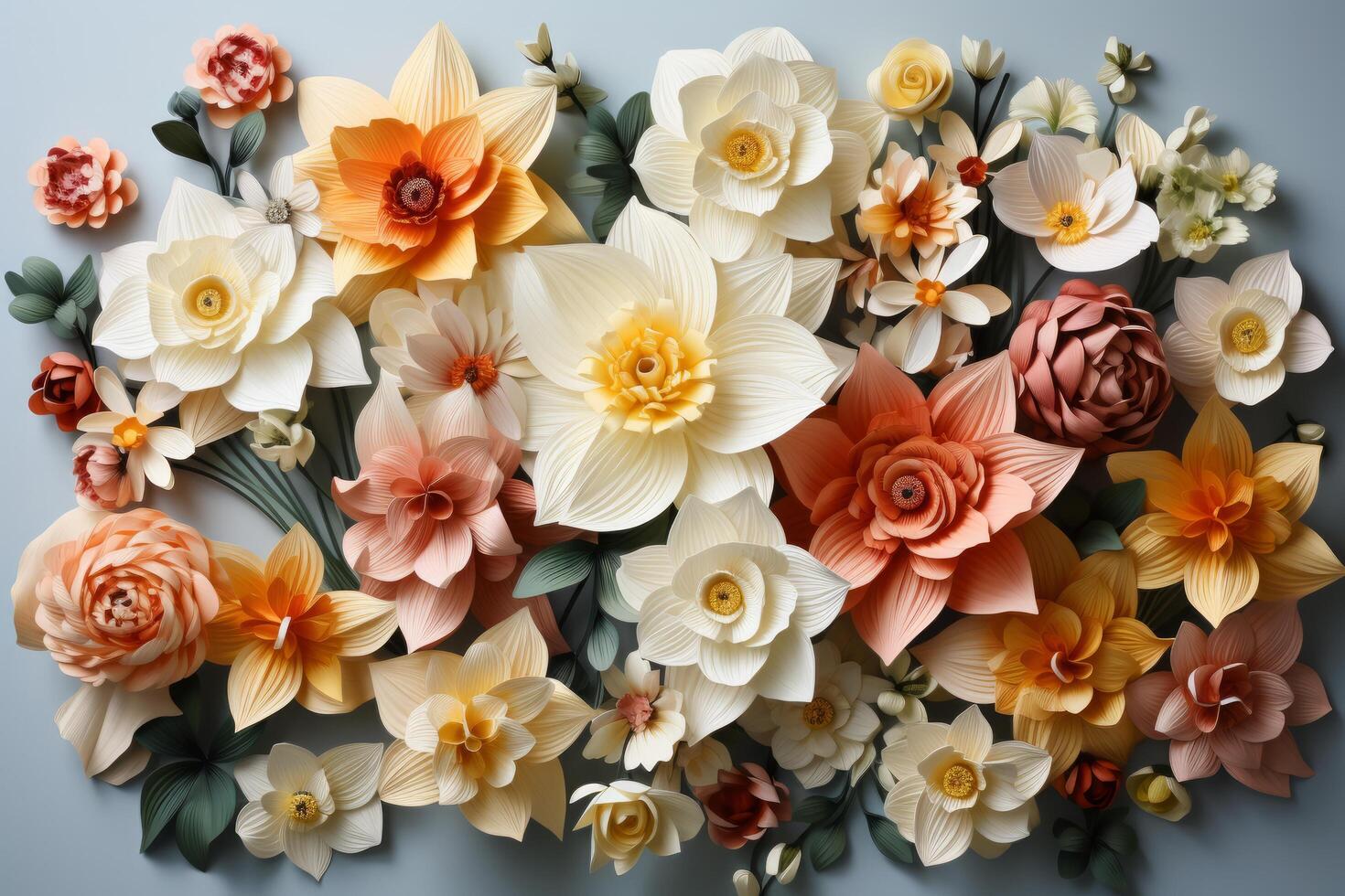 AI generated dozens of daffodils, roses and other flowers arranged in a square photo