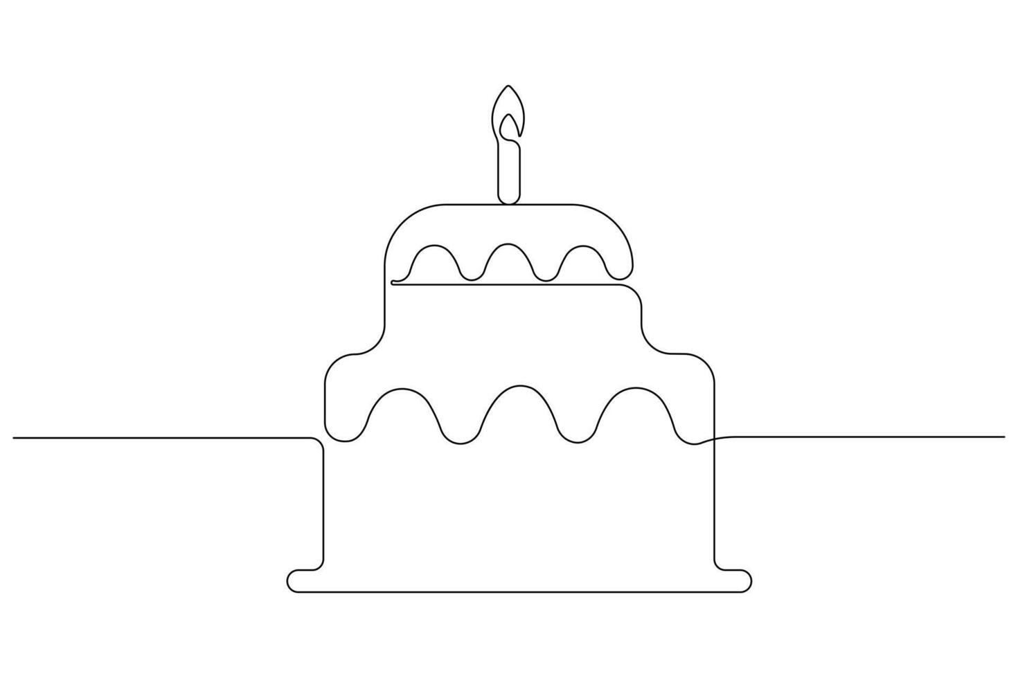 Continuous one line art drawing of birthday cake with cream, candle birthday party symbol of celebration vector