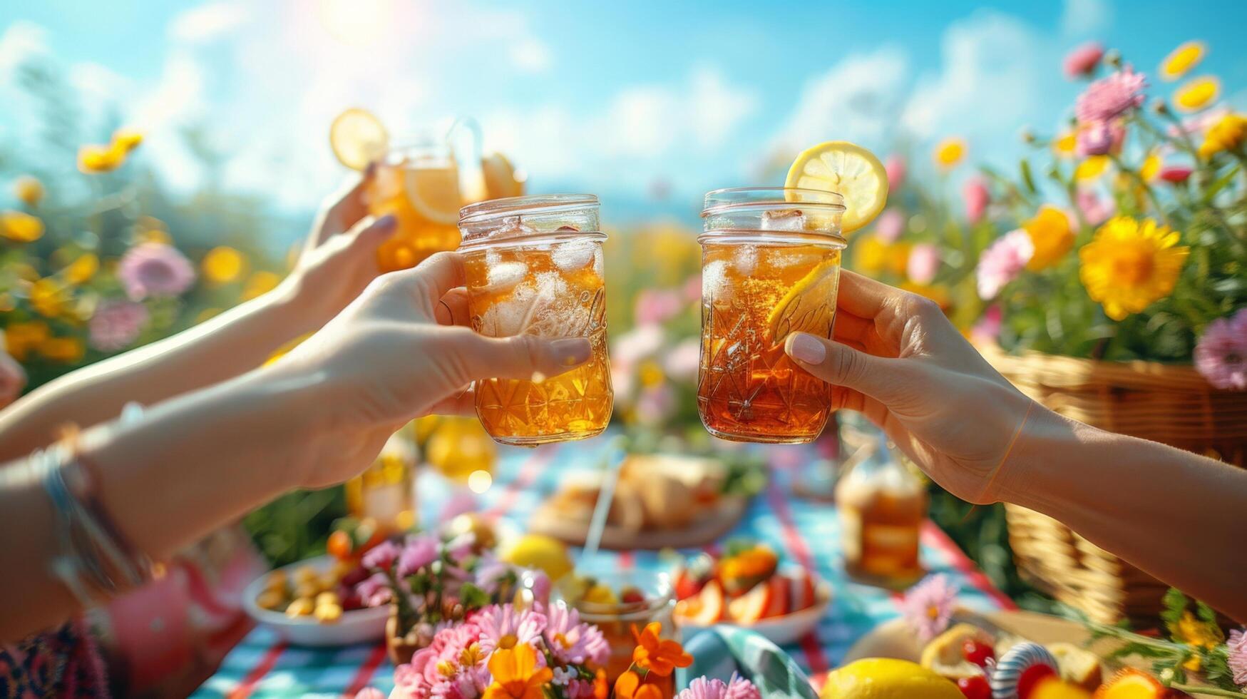 ai generado un picnic mesa, con amigos tintinamente masón tarro lentes lleno con limonada encima un a cuadros Manteles foto