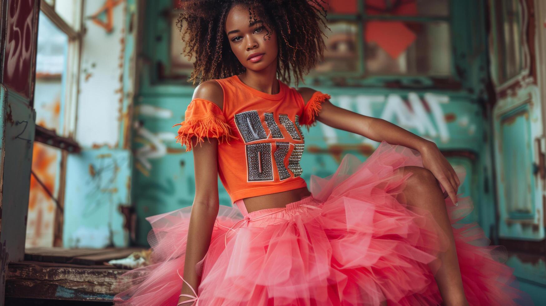 AI generated a model wearing a bright pink tulle skirt, paired with a graphic tee and combat boots photo