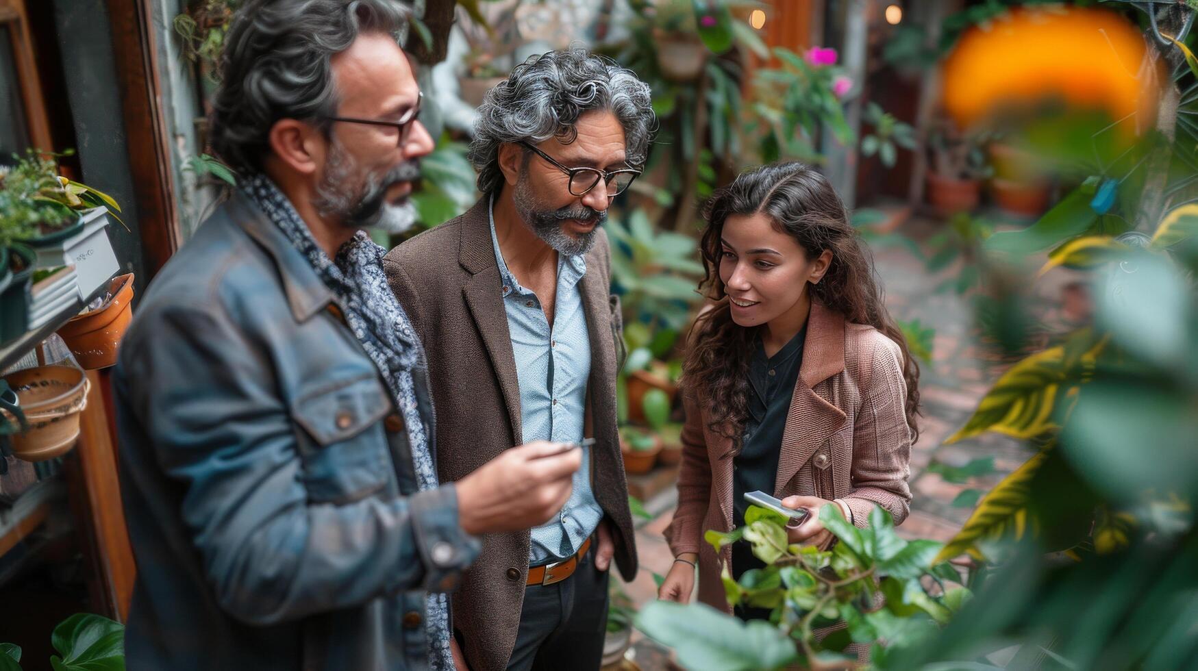 AI generated Three People Observing Plants in a Greenhouse photo