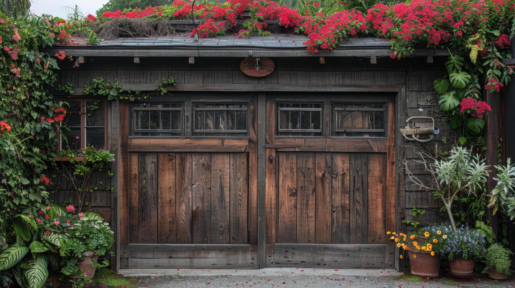 AI generated a wooden garage door with a weathered finish, adding character to a charming country-style home photo