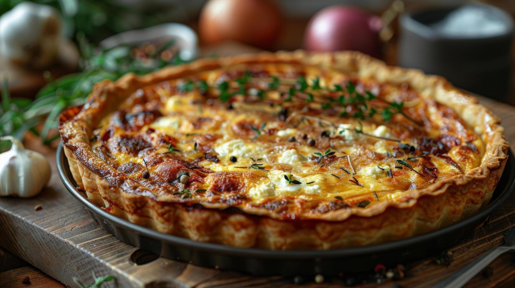 AI generated a whole quiche with a crumbly, buttery crust and a savory filling of caramelized onions and goat cheese photo