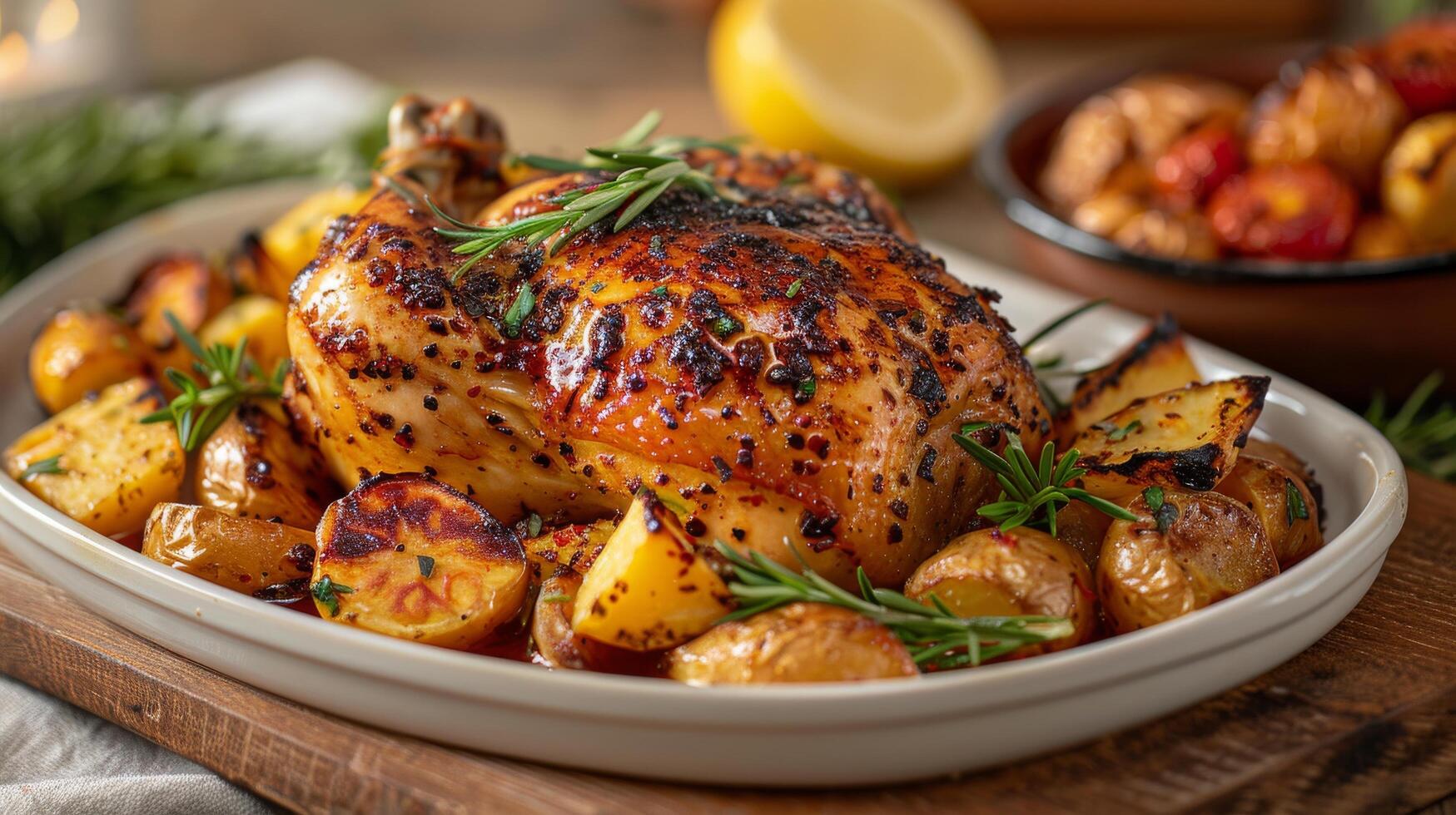 AI generated A mouthwatering image of a golden-brown roasted chicken photo