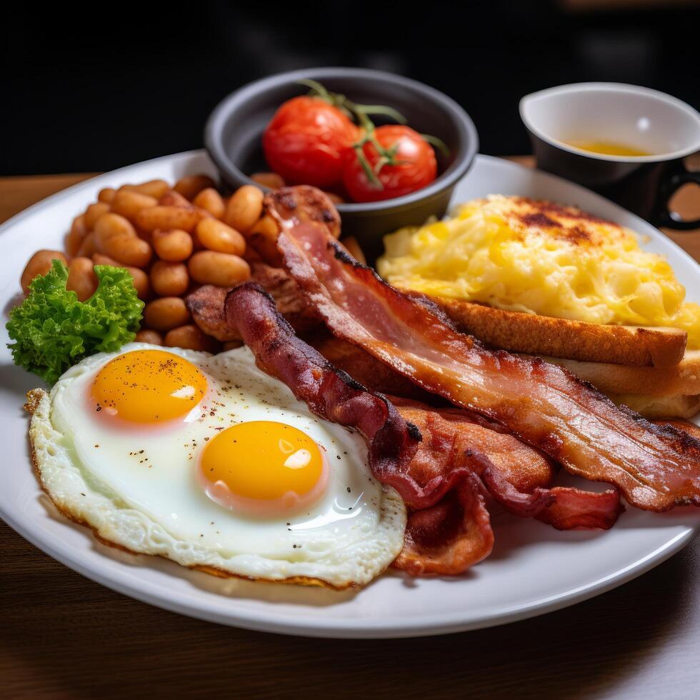 AI generated English breakfast featuring crispy hash browns, fluffy scrambled eggs, and grilled bacon photo
