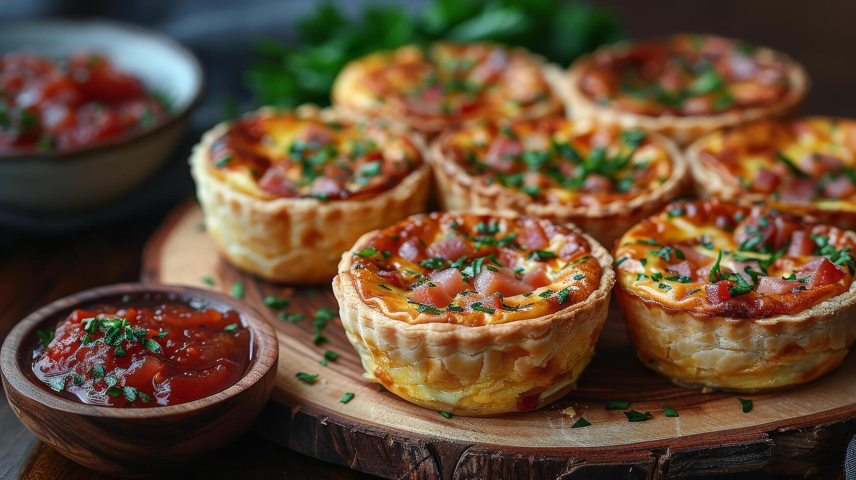 AI generated a mini quiche, individually sized and filled with a mixture of ham photo