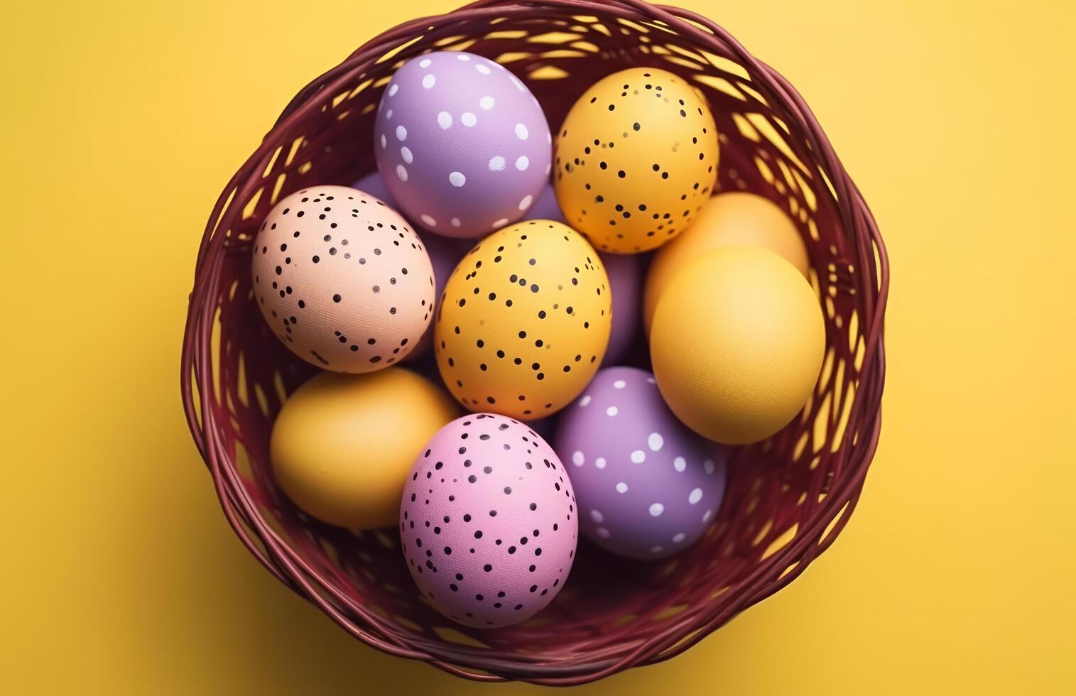 AI generated colorful easter eggs nestled in a wicker basket on yellow background photo