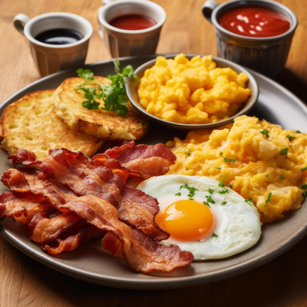 AI generated English breakfast featuring crispy hash browns, fluffy scrambled eggs, and grilled bacon photo