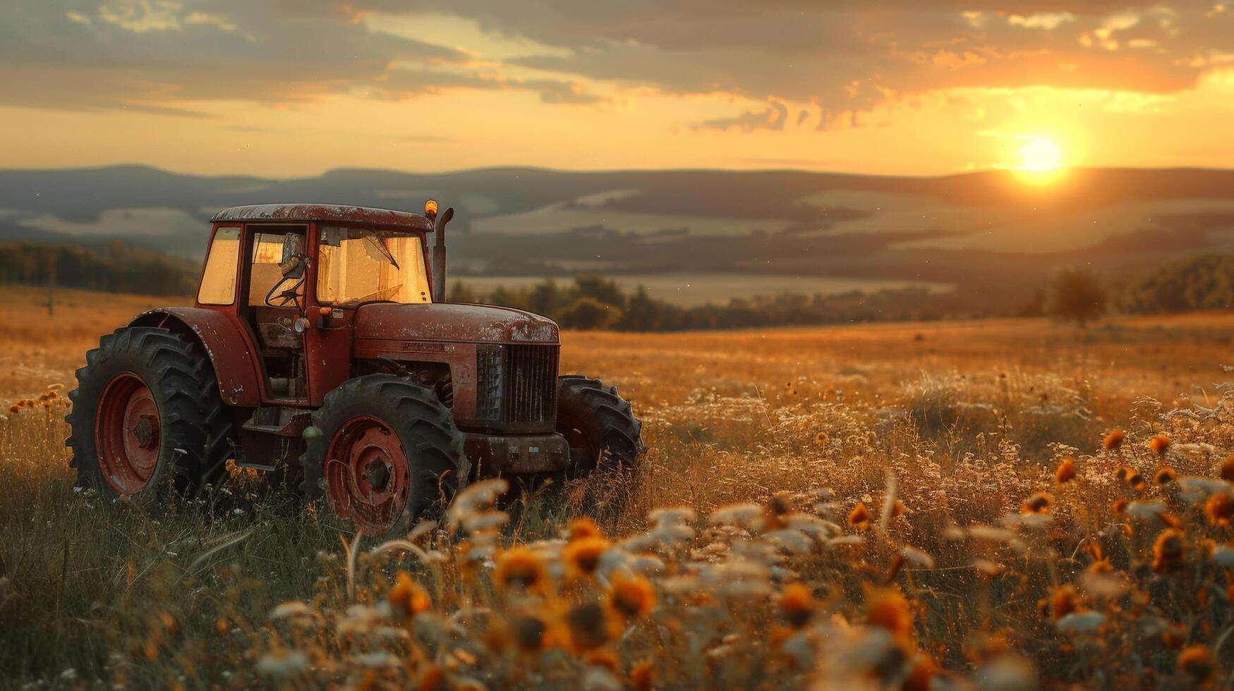 AI generated a tractor driver in a field, with the sun setting in the background photo
