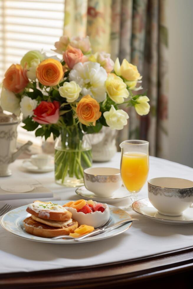 AI generated an English breakfast served for two, with a bouquet of flowers and a handwritten note photo