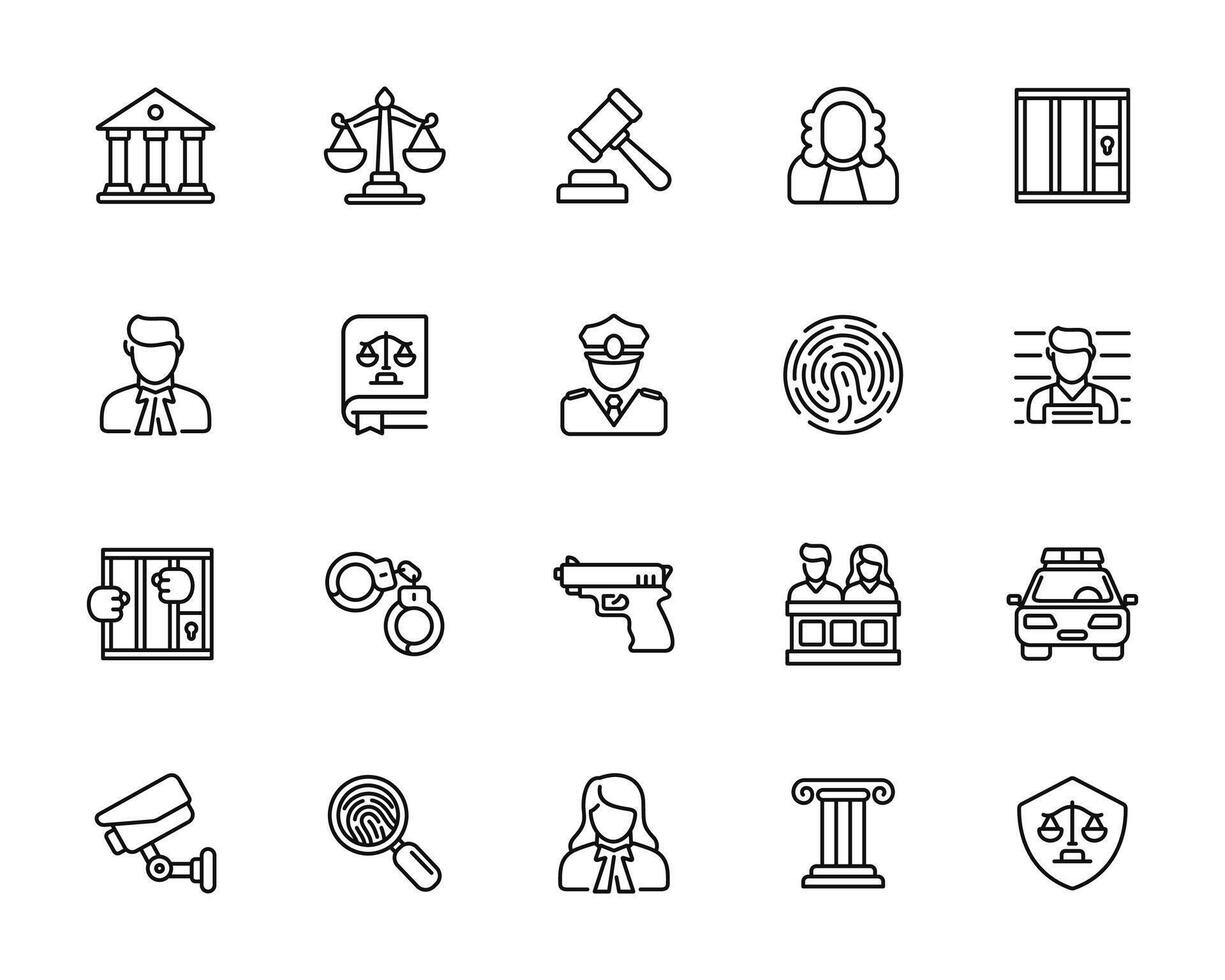 Law and justice line icon set isolated on white background vector