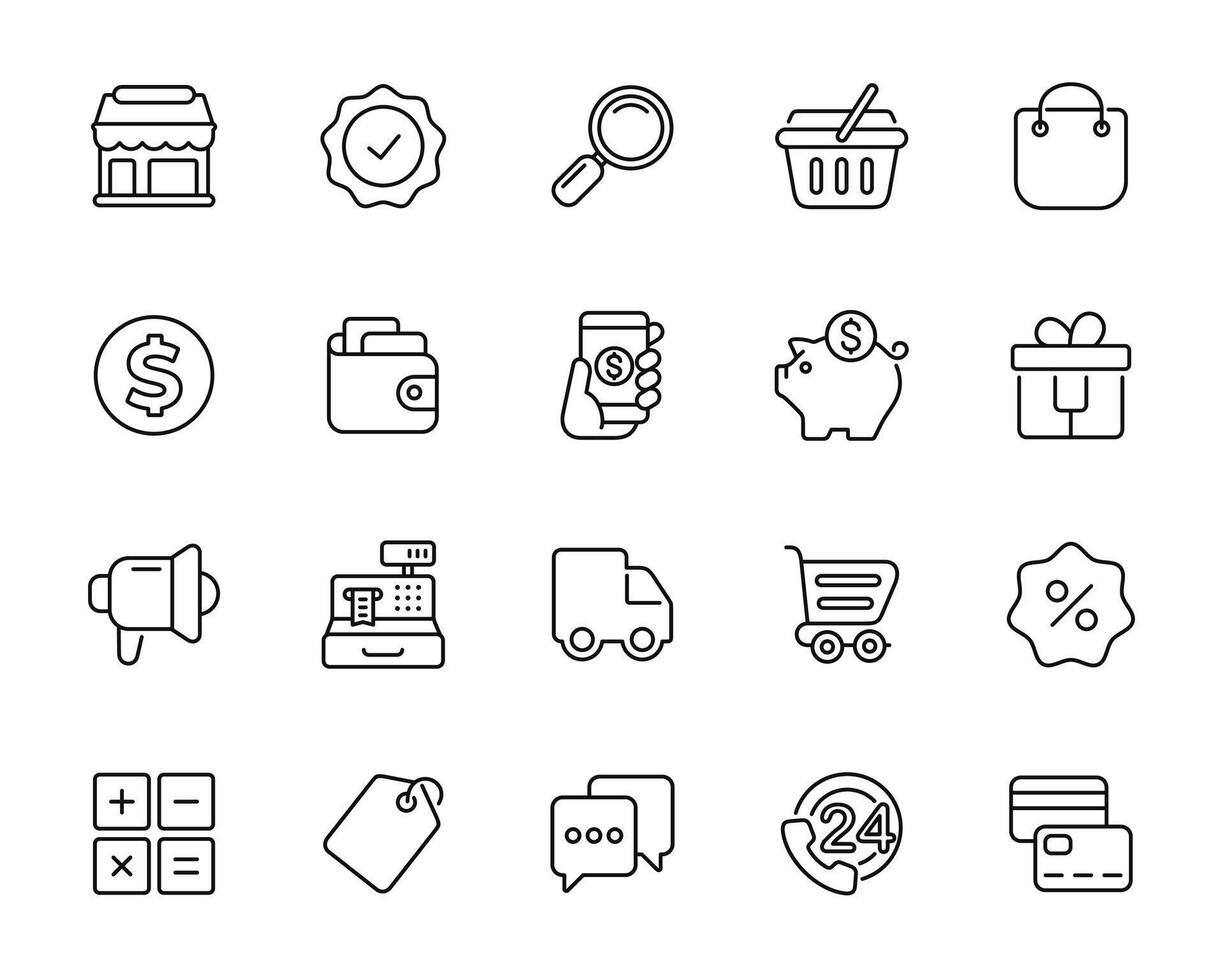 Online shop line icon set isolated on white background. E commerce icon set vector