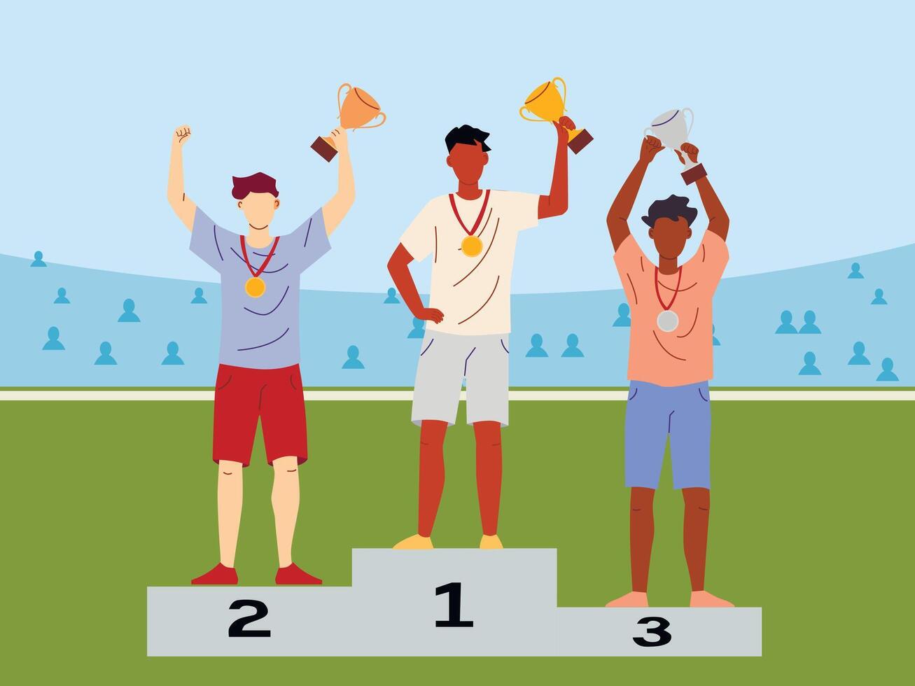 Vector illustration of men stand on the award winners podium and hold the winners cups.