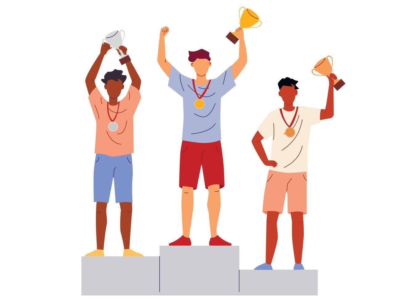 Vector illustration of men stand on the award winners podium and hold the winners cups.