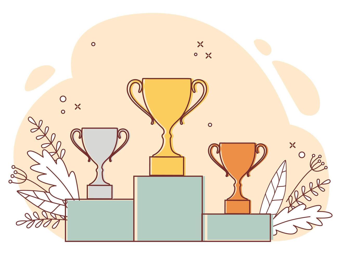 Winners podium with cups. Prizes for the Champions. Gold, silver and bronze cups. Vector illustration