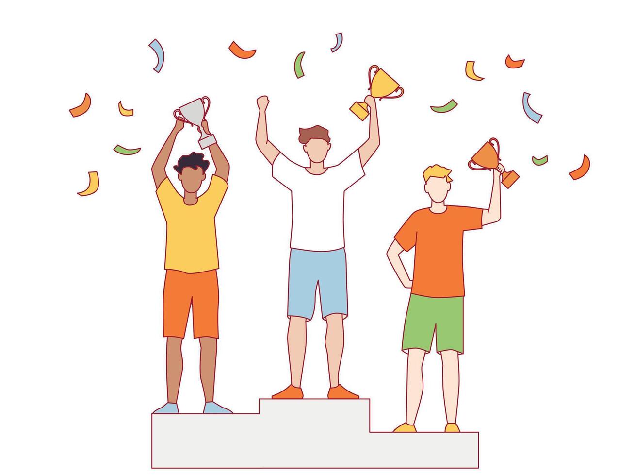 Vector illustration of men stand on the award winners podium and hold the winners cups.