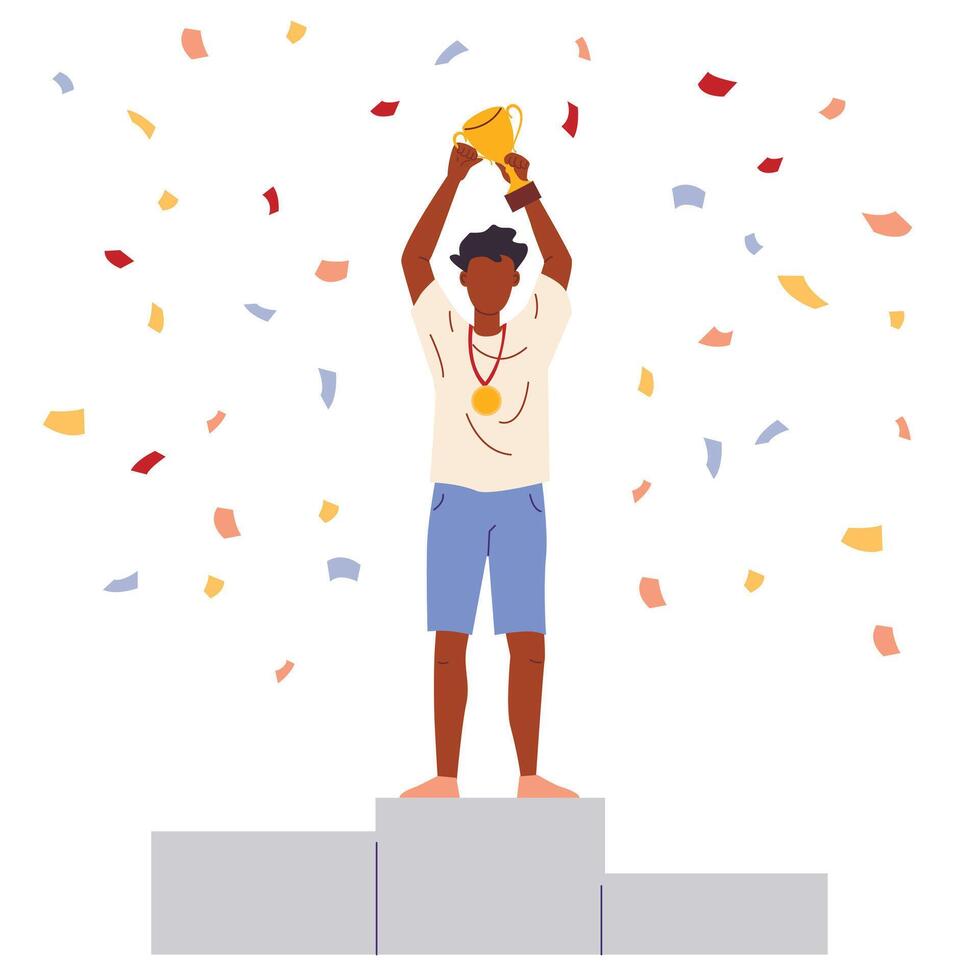 Vector illustration of man stand on the award winners podium and hold the winners cups.