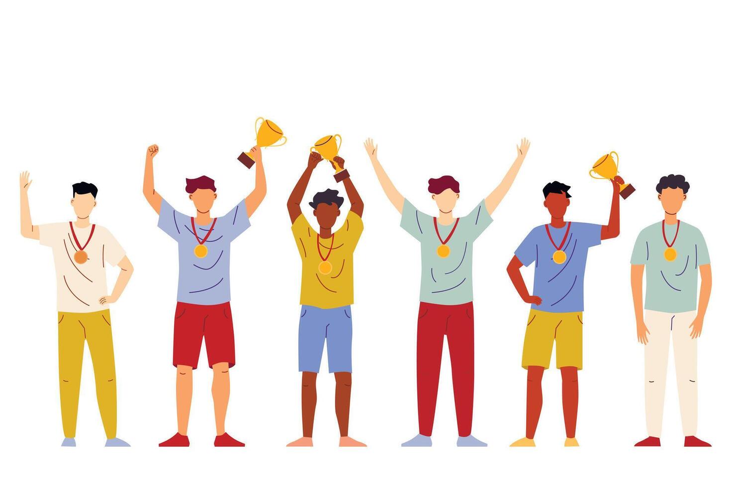 Set of men hold the winners cups. Vector illustration