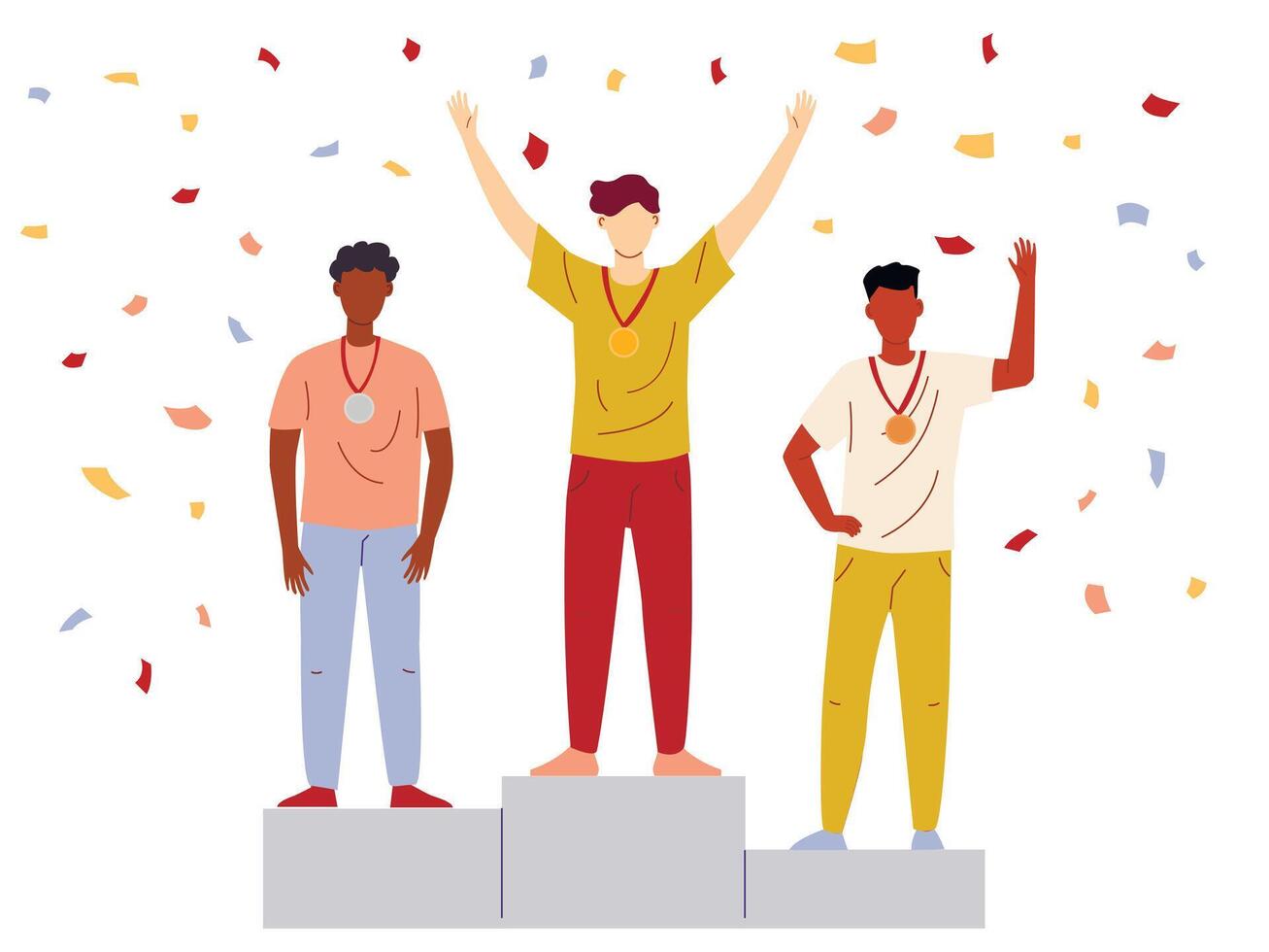 Vector illustration of men stand on the award winners podium and hold the winners cups.