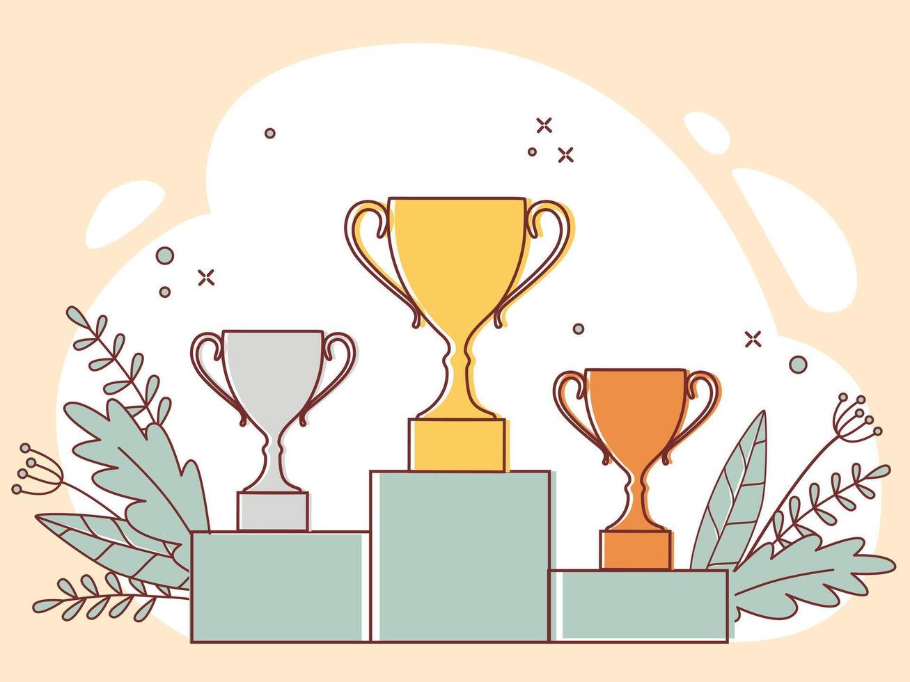 Winners podium with cups. Prizes for the Champions. Gold, silver and bronze cups. Vector illustration