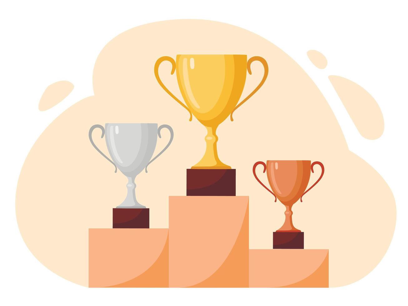 Winners podium with cups. Prizes for the Champions. Gold, silver and bronze cups. Vector illustration