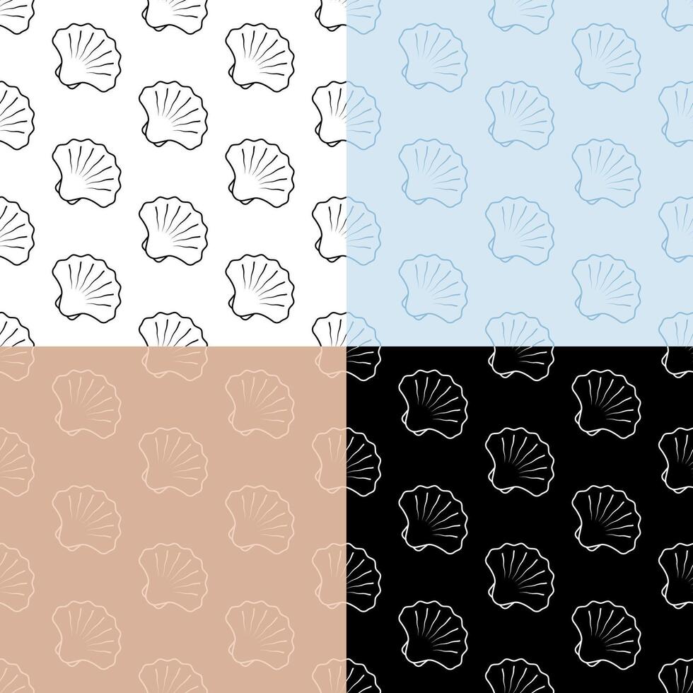 set of seamless patterns with closed sea shell icon. Scallop, edible shellfish and seafood. Ornament for decoration and printing on fabric. Design element. Vector