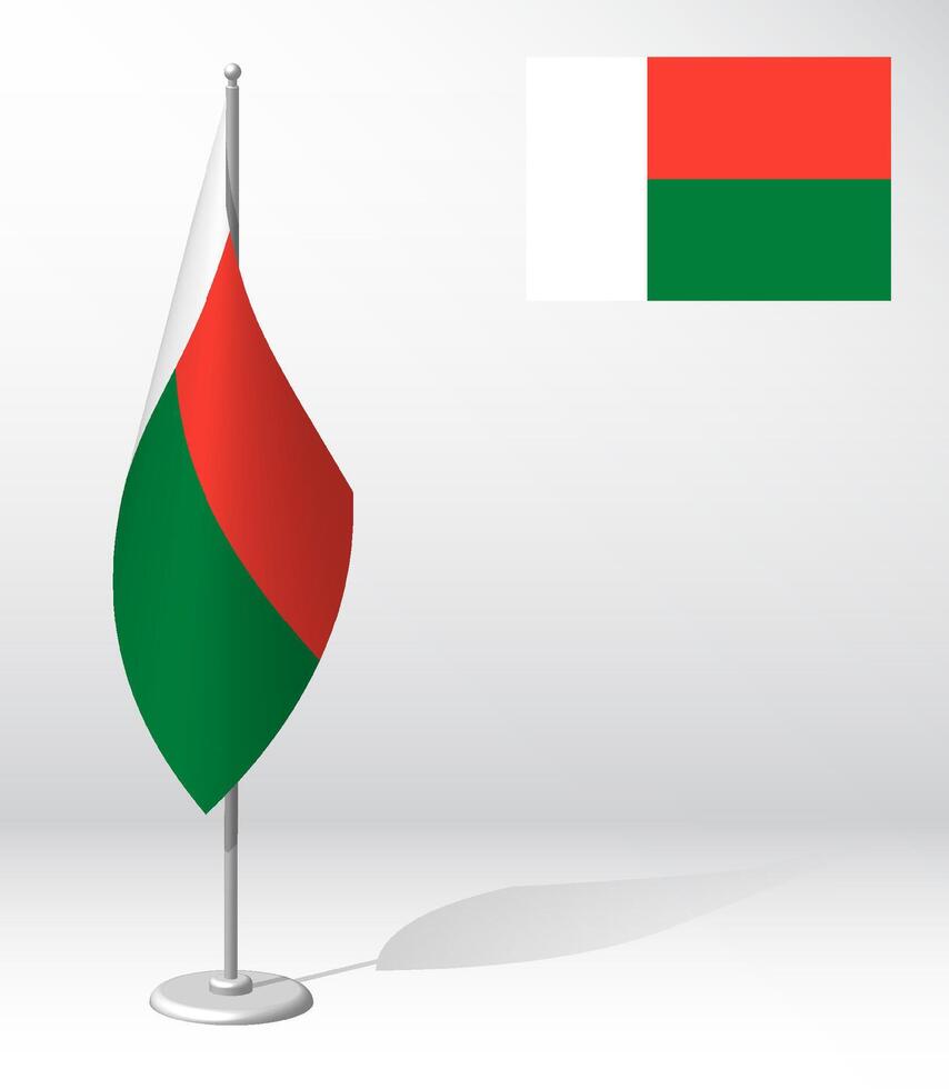 bandera de Madagascar en asta de bandera para registro de solemne evento, reunión exterior huéspedes. nacional independencia día de Madagascar. realista 3d vector en blanco
