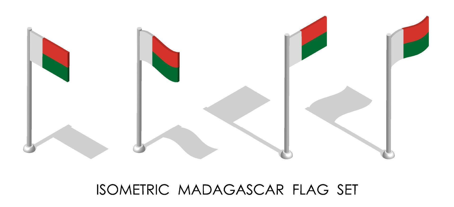 isométrica bandera de Madagascar en estático posición y en movimiento en asta de bandera. 3d vector