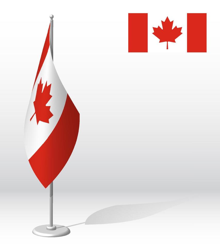 Canada flag on flagpole for registration of solemn event, meeting foreign guests. National independence day of Canada. Realistic 3D vector on white