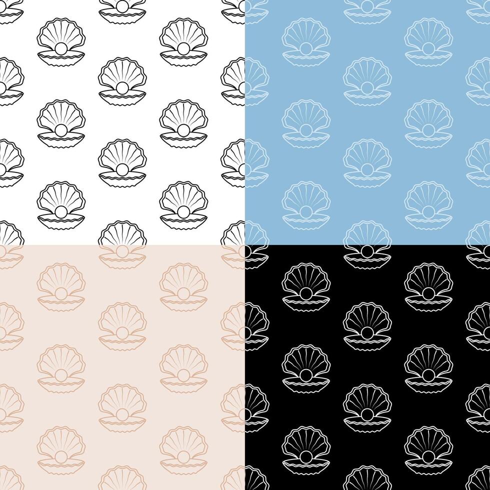 set of seamless patterns with sea shining pearl icon in open shell. Ornament for decoration and printing on fabric. Design element. Vector