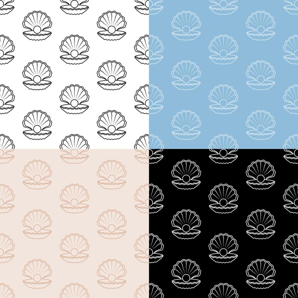 set of seamless patterns with sea shining pearl icon in open shell. Ornament for decoration and printing on fabric. Design element. Vector