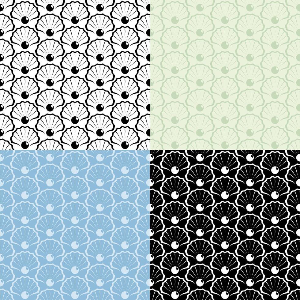 set of seamless patterns with abstract sea shining pearl icon in open shell. Ornament for decoration and printing on fabric. Design element. Vector