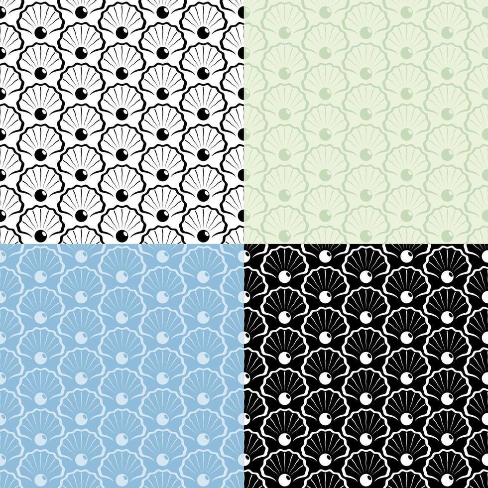 set of seamless patterns with abstract sea shining pearl icon in open shell. Ornament for decoration and printing on fabric. Design element. Vector