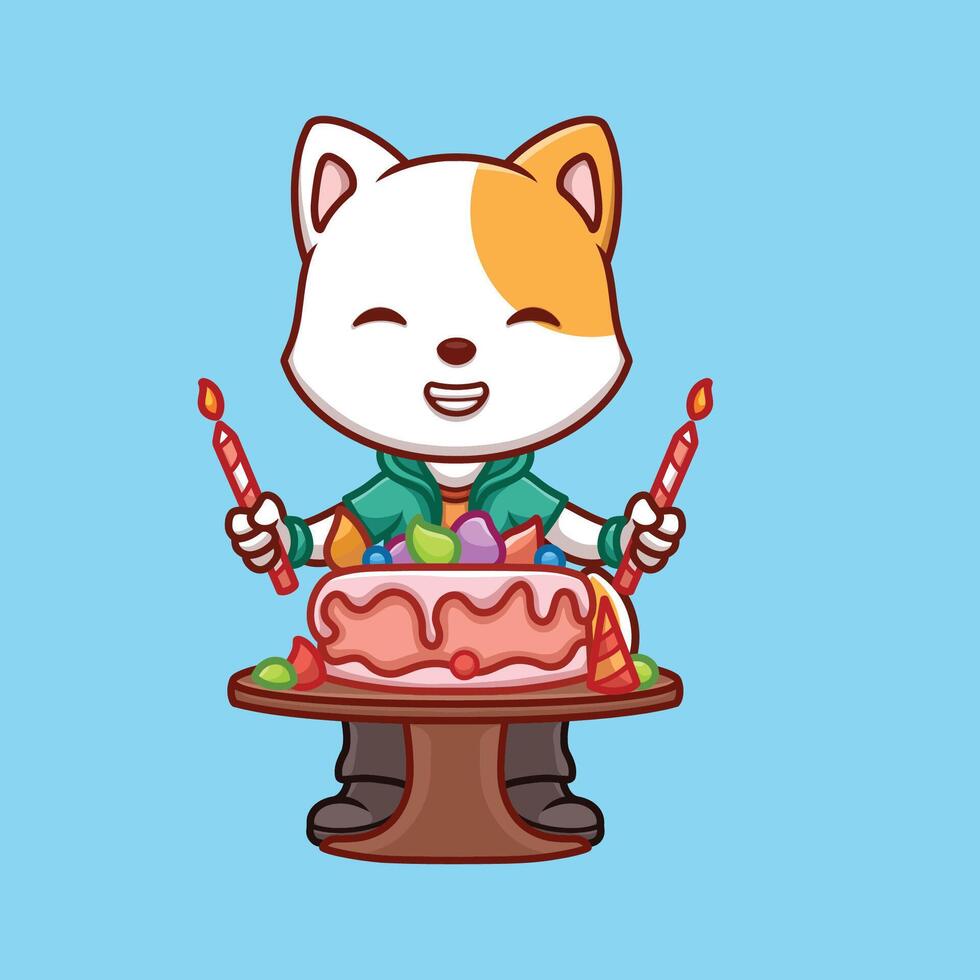Birthday White Cat Cartoon Character vector