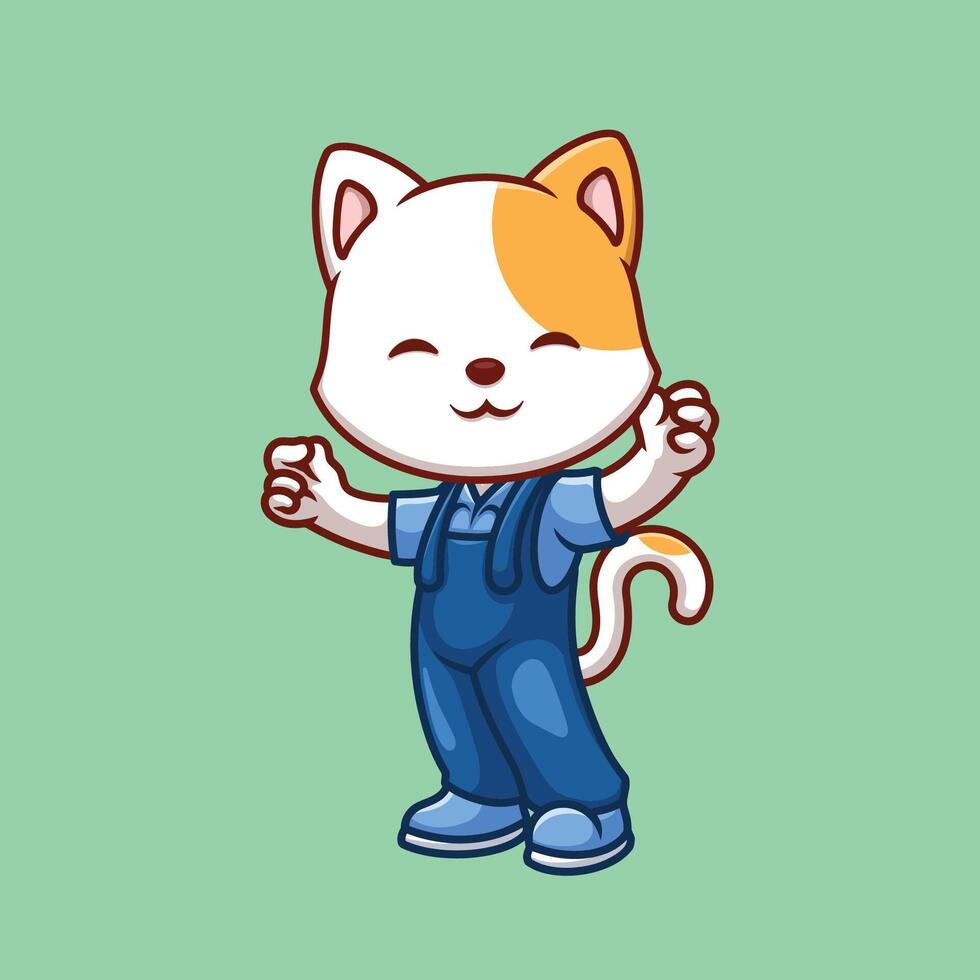 Mechanic White Cat Cute Cartoon vector