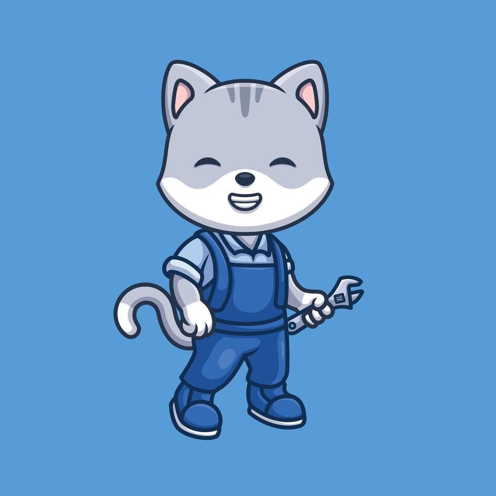 Mechanic Grey Cat Cute Cartoon vector