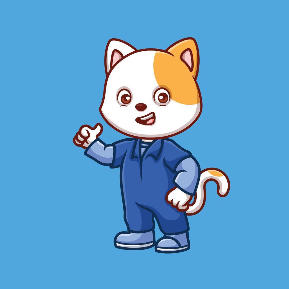 Mechanic White Cat Cute Cartoon vector
