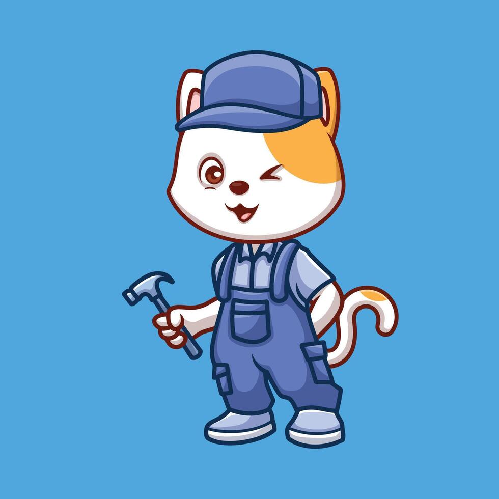 Mechanic White Cat Cute Cartoon vector