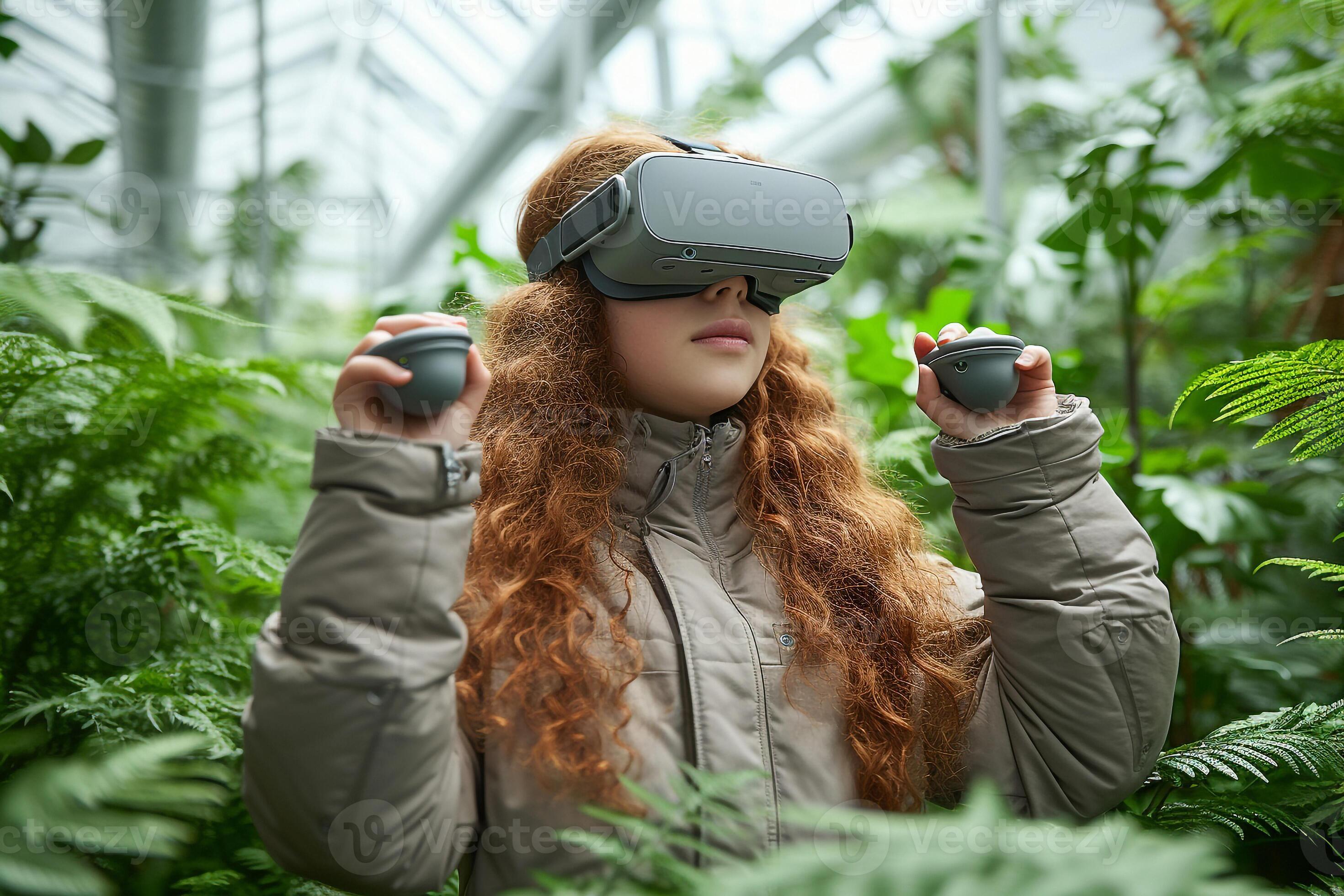 AI generated Young woman learning to use VR glasses and joystick