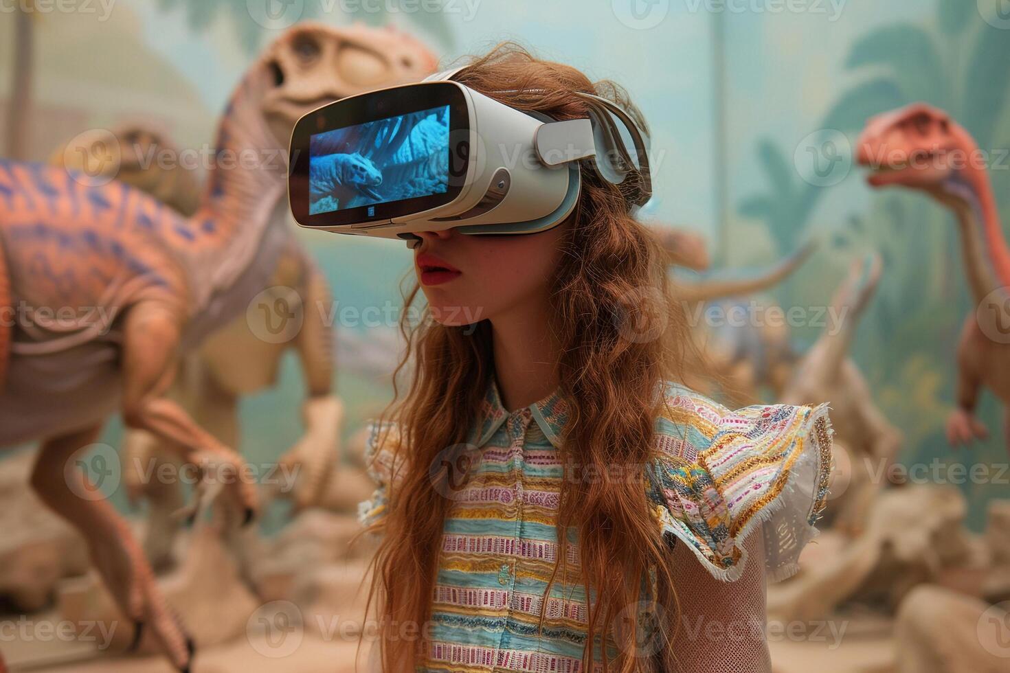 ai generado joven mujer usa vr lentes y ve el dinosaurio mundo. ilustración por artificial inteligencia foto