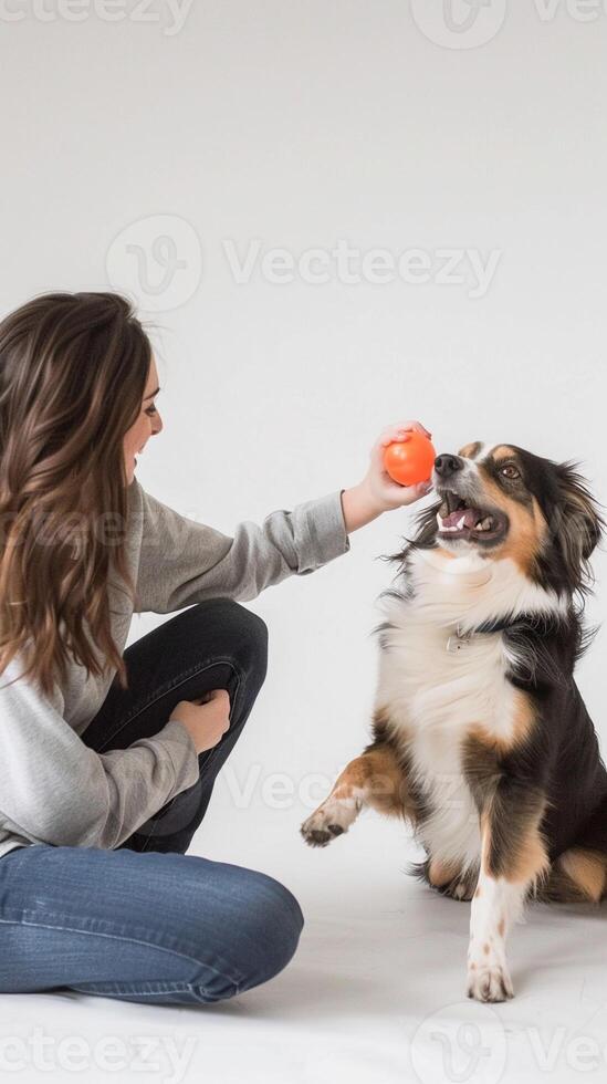 ai generado mujer jugando con su perro, tal como lanzando un pelota o jugando tira y afloja con un juguete, en contra un limpiar blanco fondo, generativo ai foto