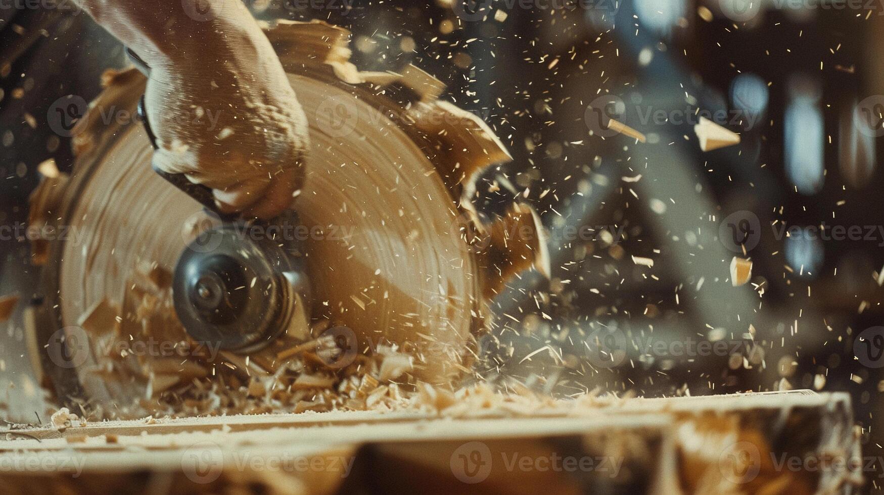 AI generated Carpenter using a saw or other cutting tool to carefully shape wood, with sawdust flying and focused concentration, background image, generative AI photo