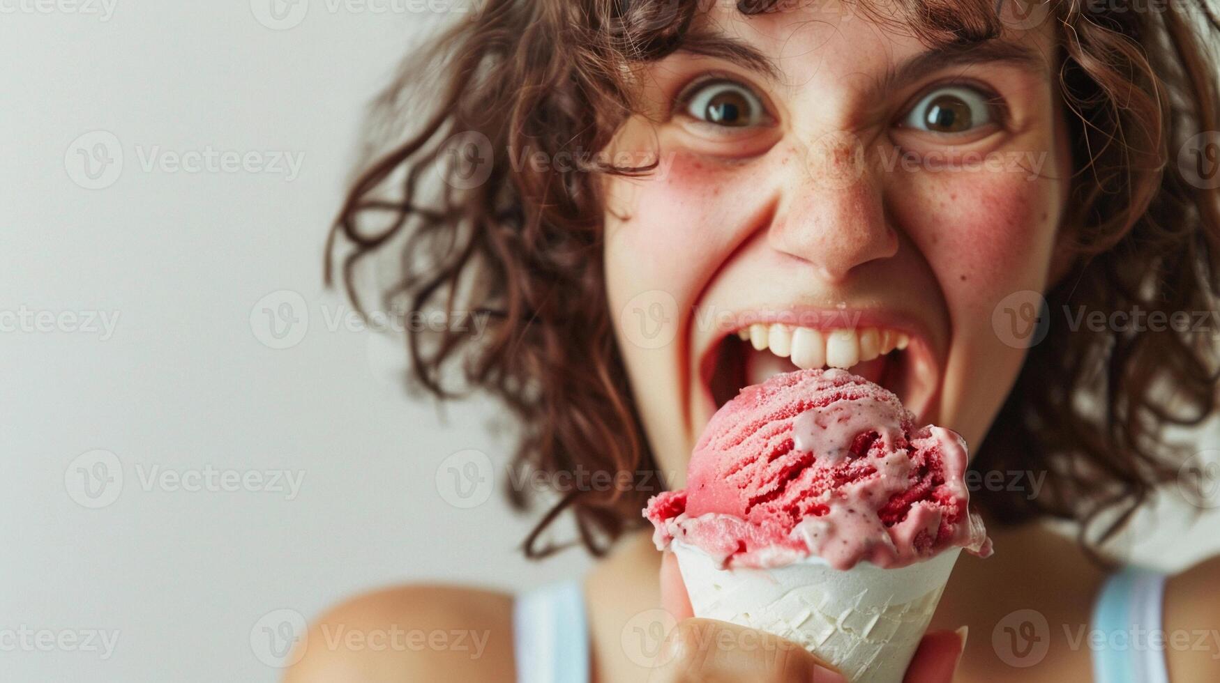 AI generated Girl's ecstatic expression as she takes a big bite of her favorite flavor of ice cream, with eyes wide and a look of pure joy on her face, generative AI photo