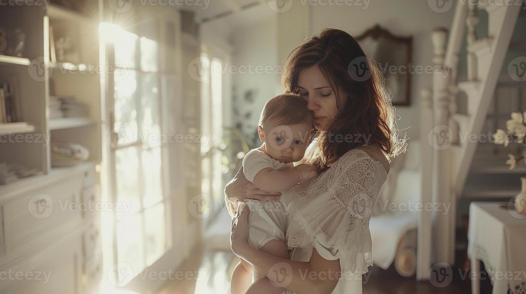 AI generated Portrait of a white mother holding her baby inside a bright white-walled house, background image, generative AI photo