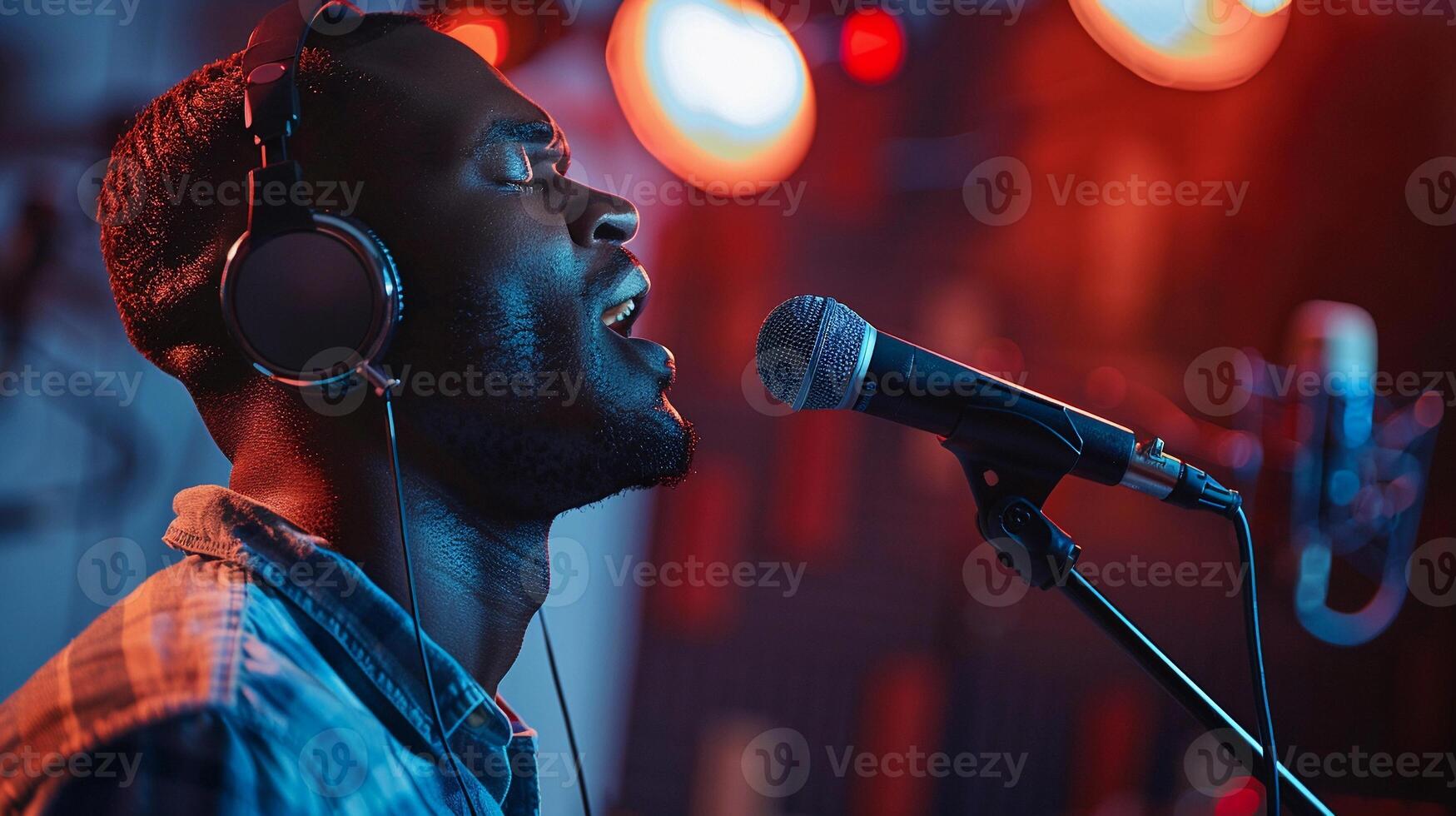 AI generated A man wearing headphone while singing in front of microphone against music studio background, background image, generative AI photo