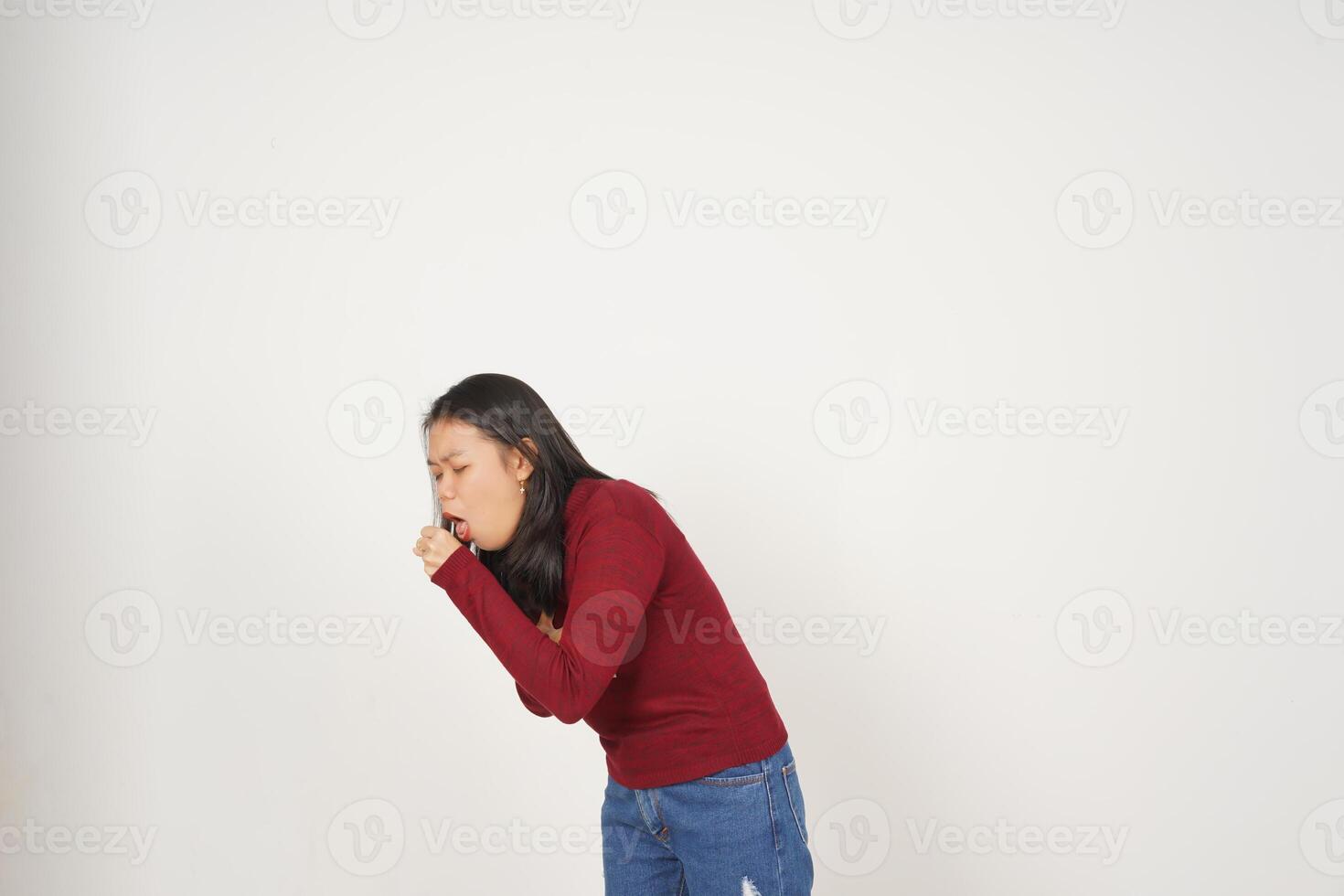 Young Asian woman in Red t-shirt coughing isolated on white background photo