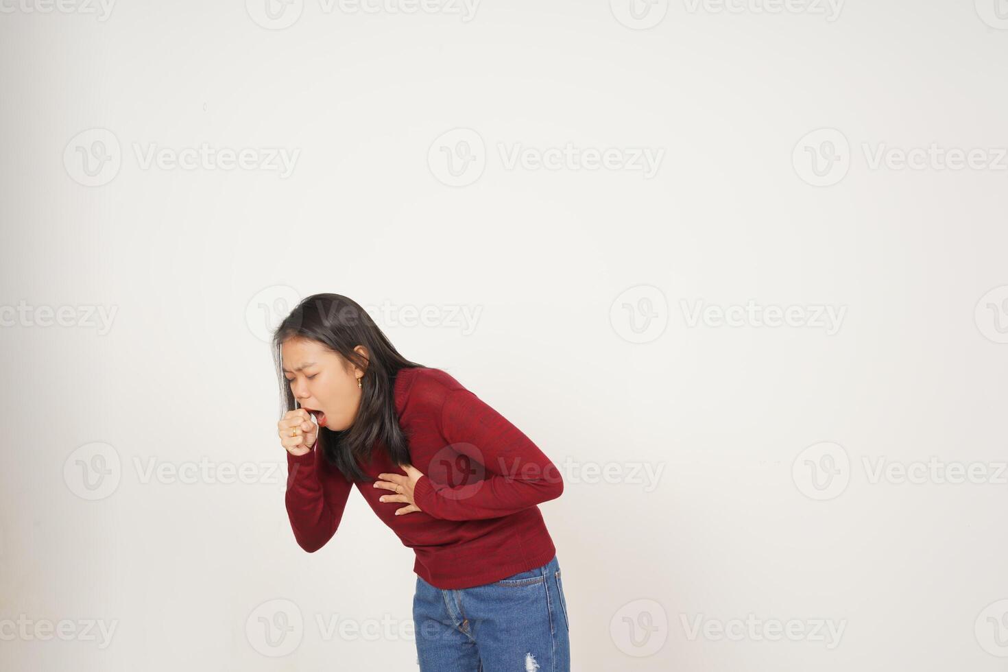 Young Asian woman in Red t-shirt coughing isolated on white background photo